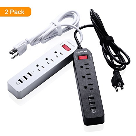 Poweradd 3-Outlet Power Strip 5ft Cord Charging Station with 3 Smart USB Ports - 2 Pack (Black White)