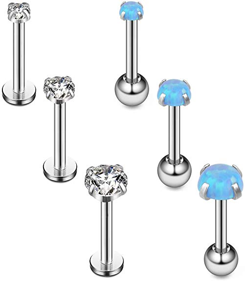 Ruifan 18G 16G Opal & Clear Cubic Zirconia Stainless Steel Tragus Earrings for Women Helix Earring Stud Body Jewelry Piercing Set 2-4mm 6-8PCS