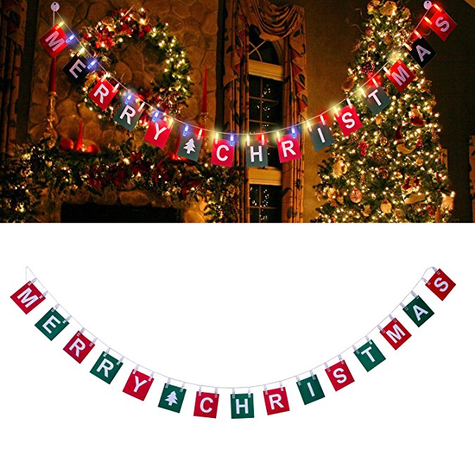 Merry Christmas Banner with 9.8FT LED Photo Clip String Lights - Powered by 2 AA Battery(Included),30 Photo Clips for Christmas Party Home Indoor/Outdoor Decorations (Multicolor)