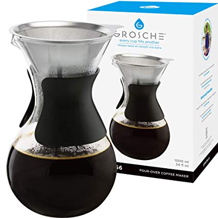 GROSCHE Austin G6 Pour over coffee maker, pour over coffee dripper with permanent stainless steel double layer coffee filter 34 fl oz 1000 ml