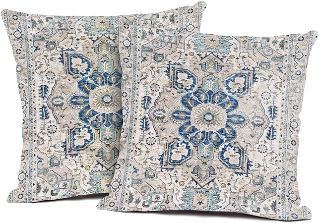 Snycler Blue Boho Style Throw Pillow Cover Set of 2 Ethnic Design Pattern Linen Persian Carpet Tribal Pattern Throw Pillow Case 18x18 inch Cushion Cover Home Office Decorative Square