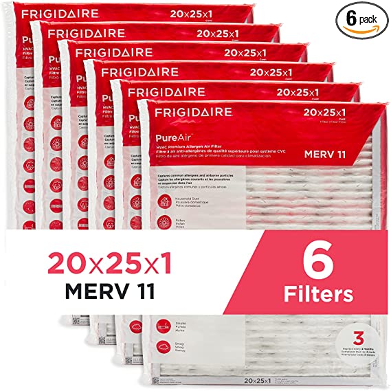 Frigidaire PureAir® 20x25x1 MERV 11 Prem Allergen Electrostatic Pleated Air Conditioner HVAC AC Furnace Filters - 6 Pack (exact dimensions 19.81 X 24.81 X 0.81)