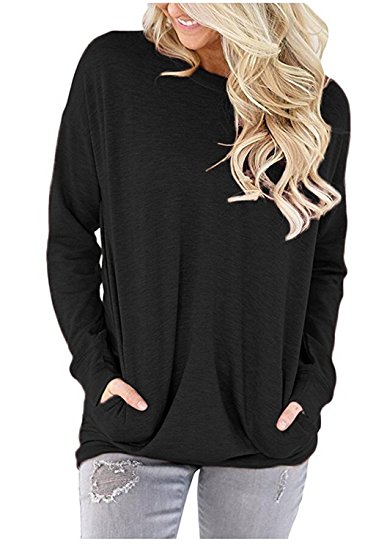 Women's Casual Long Sleeve Round Neck With Pocket Sweatshirts Loose T Shirts Blouses Tops