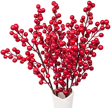 Artiflr 4 Pack Artificial Red Berry Stems Holly Christmas Berries for Festival Holiday Crafts and Home Decor, 17.2 Inches Burgundy Berry Floral Christmas Tree Decorations