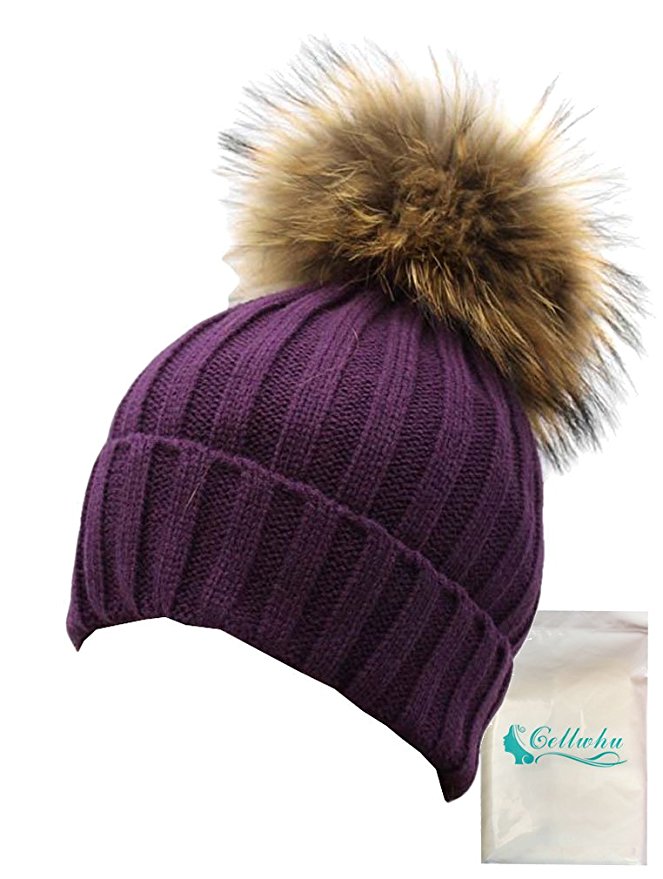 Gellwhu Women Winter Detachable Large 7" Real Raccoon Fur Pom Pom Knit Beanie Hat