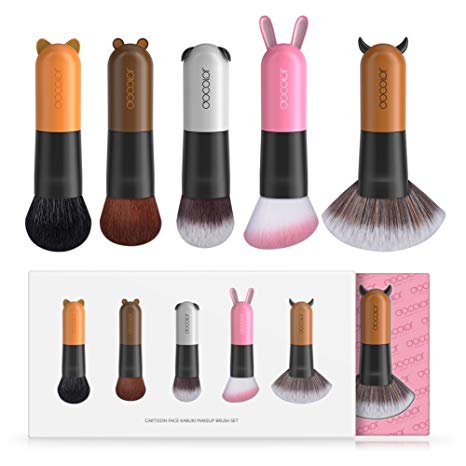 Docolor Makeup Brushes，5Pieces Cartoon Face Kabuki Makeup Brush Set Premium Synthetic Goat Hairs Cute Animal Powder Foundation Concealer Blush Fan Make Up Brushes Kit