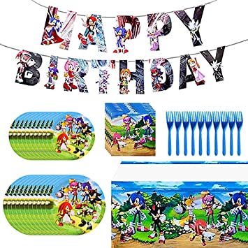Sonic Birthday Party Supplies, Sonic Birthday Party Decorations for 10 Guests, Include Happy Birthday Banner, Plates, Forks, Napkins and Table Cover for Boys and Girls