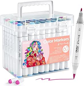 Ohuhu Markers for Adult Coloring Books: 60 Colors Water-Based Art Markers Paper friendly Dual Brush Fine Tips Drawing Pens Coloring Markers for Adults Calligraphy Sketching Bullet Journal