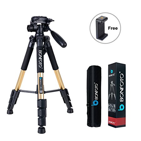 BONFOTO Q111 Lightweight Camera Tripod 55" Pan Head Stand with Phone Holder Mount & Carry Bag for Projector Gopro Tablet Smartphones YouTube Live Chat DSLR EOS Canon Nikon Sony Samsung(Gold)