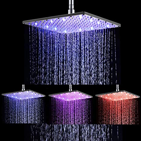 Ufatansy LED Swivel Showerhead Stainless Steel Temperature Control 3 Colour Changing Water Flow Powered High Pressure Spray Rainfall Showerhead (12 Inch, Square)