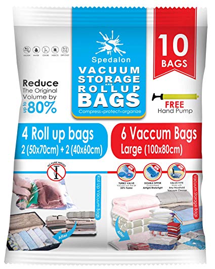 Vacuum Storage Bags - Pack of 10 Pack - 6 Jumbo Vacuum   4 Travel RollUp Bags | ReUsable space savers with free Hand Pump | Best Sealer Bags for Clothes, Duvets, Bedding, Pillows, Blankets, Curtains