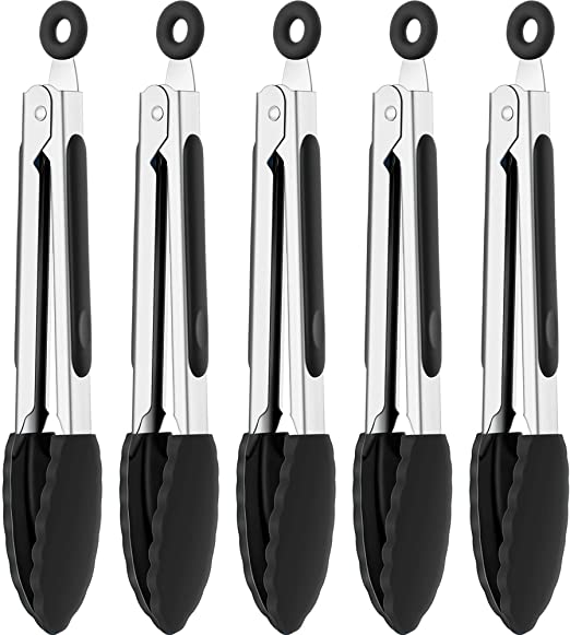 Mudder 7 Inch Silicone Tongs Mini Kitchen Tongs with Silicone Tips Small Serving Tongs Stainless Steel Cooking Tongs for Salad, Grilling, Frying and Cooking (Black, 5 Pieces)