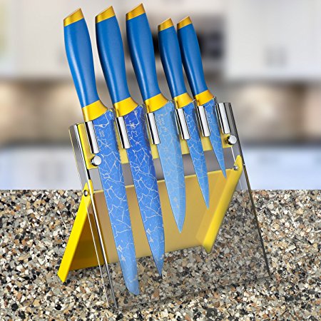 Chef's Star 6 Piece Kitchen Knife Set, Blue Titanium and Damascus Blade, Includes Chef Knife, Bread Knife, Carving Knife, Paring Knife, Utility Knife & Acrylic Knife Block