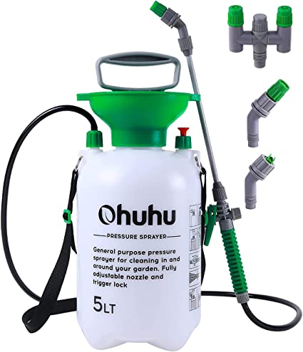 Garden Pump Sprayer, Ohuhu 1.3 Gallon/5L Multi-Purpose Lawn & Garden Pressure Sprayer with 2 Different Nozzles, Pressure Relief Valve & Adjustable Shoulder Strap for Fertilizers, Watering Plants, Cleaning