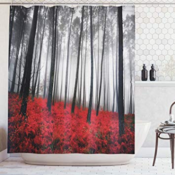 Ambesonne Extra Long Shower Curtain Mystic Forest, Grass Modern Art Flower Rainy Foggy Scene Miracle Leaves Picture Print, Polyester Fabric, 84 Inch, Red Gray