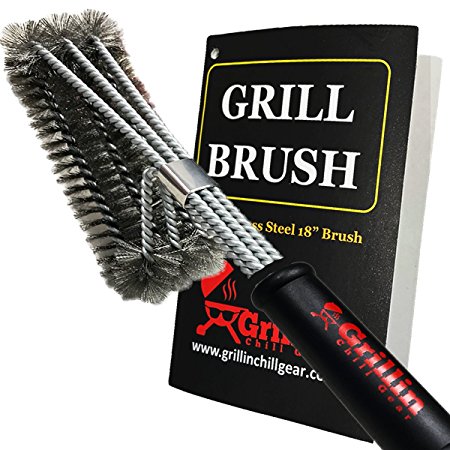 Grill & Chill BBQ Cleaner Brush - BEST QUALITY Stainless Steel Wire Bristles - 18" Handle - Safe for Porcelain, Ceramic Cooking Grates - Fast Cleaning - Perfect Barbecue Accessories, Fathers Day Gift