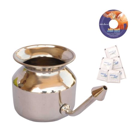 HealthAndYoga(TM) Superior Neti Pot Learner   Improver Kit | Unbreakable Stainless Steel Pot - Smooth 'Leak Plug' Nose Tip | Pure Salt 25 Pcs | Instructional DVD