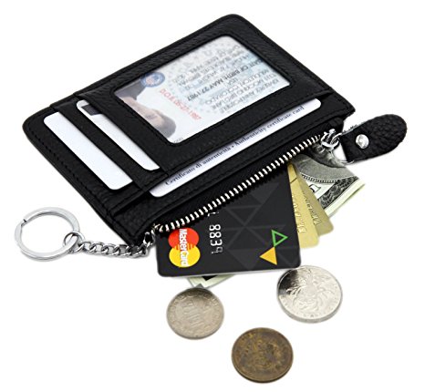Zhoma RFID Blocking Genuine Leather Wallet - Credit Card Holder with Key Ring and ID Window