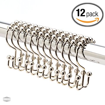 Premium Quality Double-hook Polished Nickel Shower Curtain Rings (Set of 12 Hooks), Rollerball Shower Hooks - Rust-free / Corrosion-free