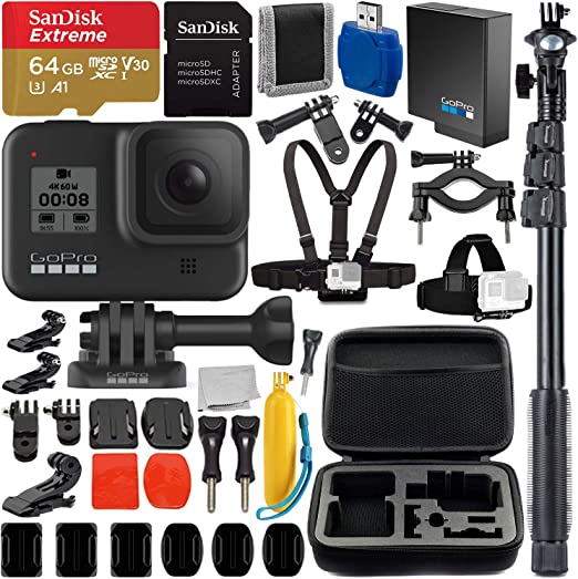 GoPro HERO8 (Hero 8) Action Camera (Black) with Adventurer Accessory Bundle - Includes: SanDisk Extreme 64GB microSDXC Memory Card   48” Selfie Stick/Monopod   Protective Carrying Case   More