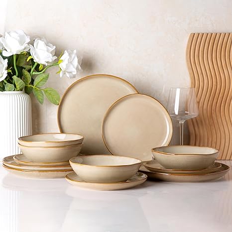 AmorArc Ceramic Dinnerware Sets,Handmade Reactive Glaze Plates and Bowls Set,Highly Chip and Crack Resistant | Dishwasher & Microwave Safe,Service for 4 (12pc)