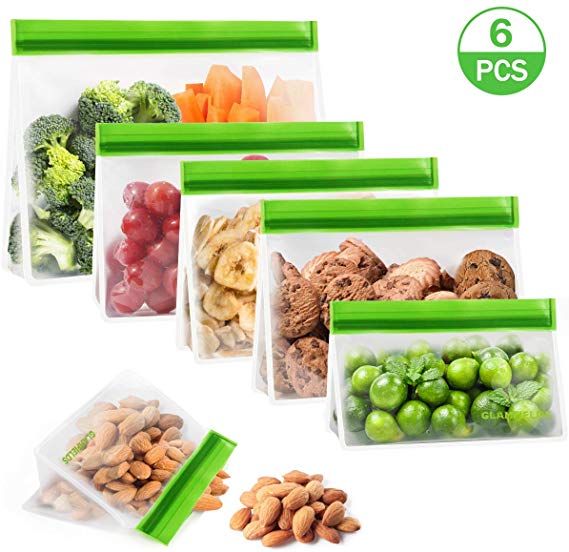 GLAMFIELDS Stand up Reusable food Storage Bags - Reusable Snack Bags Extra Thick Reusable Sandwich Bags FDA Grade Freezer Ziplock Lunch Bags for Food (6pack 1 storage bag 3 lunch bags 2 snack bags)