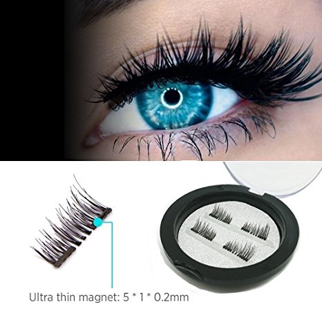 Dual Magnetic False Eyelashes - No Glue 1 Pairs (4 Pieces) Ultra Thin 3D Fiber Reusable Best Fake Lashes Extension for Natural, Perfect for Deep Set Eyes & Round Eyes