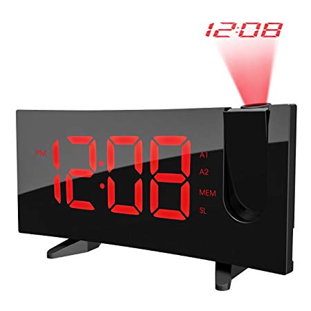 PICTEK Projection Alarm Clock, Alarm Clock with 5-inch Large Curved LED Dimmable Screen, 12/24 Hour Digital Ceiling Clock with FM Radio, Sleep Timer with Dual Alarms and Snooze Function for Kids