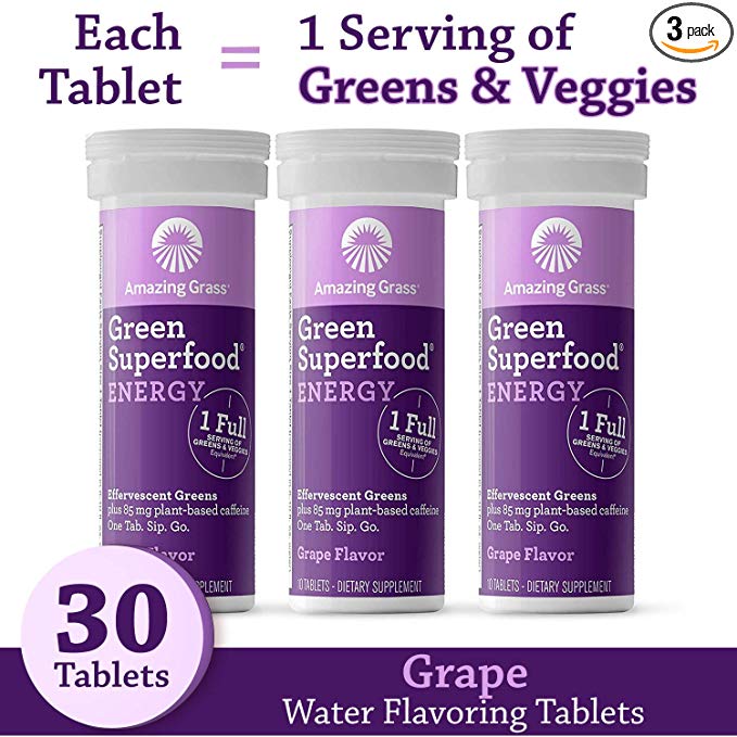 Amazing Grass Effervescent Tablets, Green Superfood Energy Water Flavoring Tablet, Antioxidant Supplement with Green Tea Caffeine and Alkalizing Greens, Grape Flavor, 30 Count