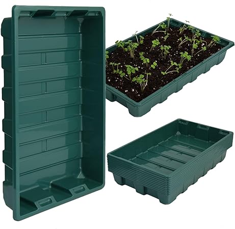 YoleShy 10 Pack Strong Plant Growing Trays, Extra Strength Durable Black Plastic Seed Starter Trays (Without Drain Holes) for Greenhouse and Flowers, Wheatgrass, Sprouting (Green)