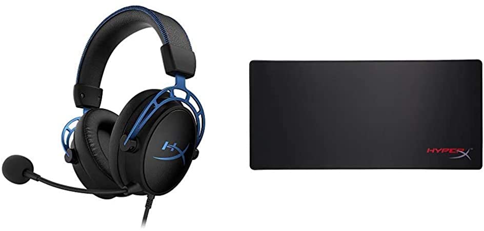 HyperX Cloud Alpha S - PC Gaming Headset - Blue & Fury S - Pro Gaming Mouse Pad, Cloth Surface Optimized for Precision, Stitched Anti-Fray Edges, X-Large 900x420x4mm (HX-MPFS-XL),Black