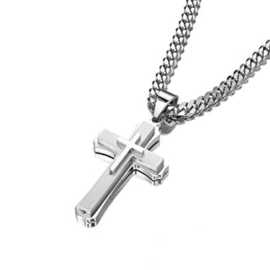 W&W Lifetime Stainless Steel Mens Womens Double Cross Necklace Lord's Prayer Pendant 24 inches