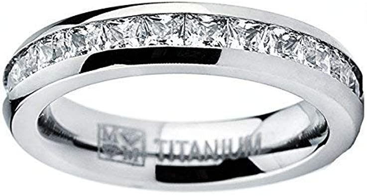 Metal Masters Co. 3MM High Polish Princess Cut Ladies Eternity Titanium Ring Wedding Band with Cubic Zirconia CZ Size 4 to 9