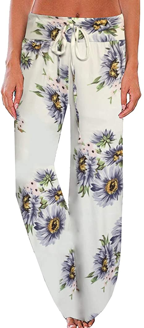 NEWCOSPLAY Women's Comfy Pajama Pants Floral Print Drawstring Palazzo Lounge Wide Leg Pants