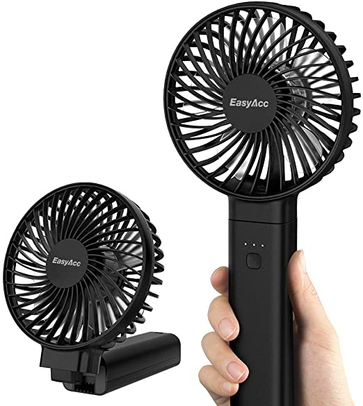 EasyAcc Handheld Fan Portable USB Fan Travel Outdoor Fan 5000 mAh 4-20 hours with One Touch Power Off Rechargeable Foldable Handle Desktop for Home and Travel - Black