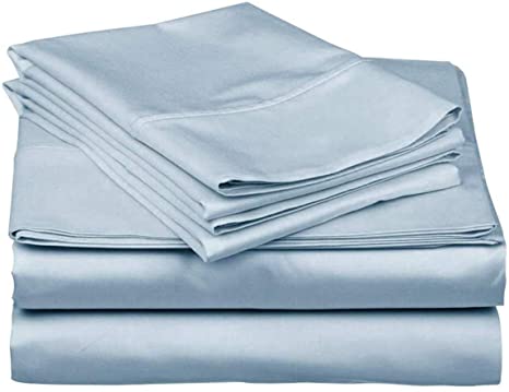 600 Thread Count 100% Long Staple Soft Cotton, 4 Piece Sheets Set, RV Short Queen Size,Smooth & Soft Sateen Weave, Luxury Hotel Collection Bedding, Light Blue Solid