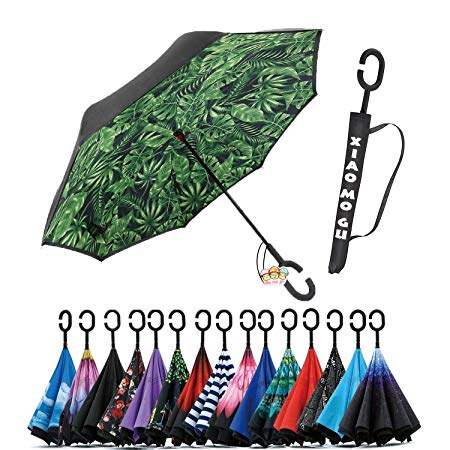 XIAOMOGU Creative Double Layer Inverted Umbrella Cars Reverse Umbrella, Windproof UV Protection Inverted Umbrella for Car Rain Outdoor Upside Down Umbrella with C-Shaped Handle