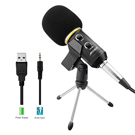 ARCHEER USB Recording Microphone with Stand Professional Condenser Sound Podcast Studio Broadcasting Microphone for Computer PC Laptop - Black