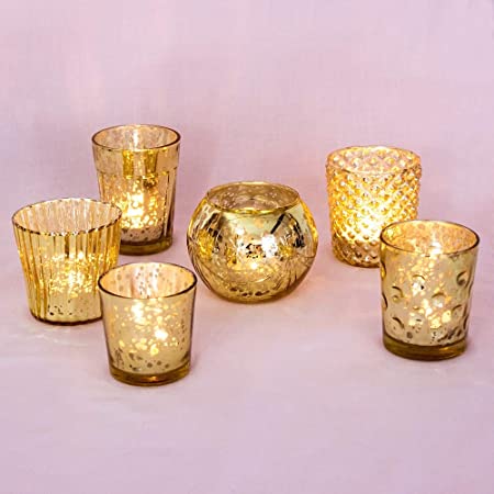 Luna Bazaar Best of Show Vintage Mercury Glass Tealight Votive Candle Holders (Gold, Set of 6, Assorted Designs) - for Weddings, Events, Parties, and Home Décor, Ideal Housewarming Gift