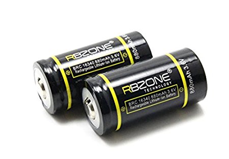 RBZONE 2-Pack Full Capacity 16340 Li-ion Battery Rechargeable 880mAh 3.6V Lithium Ion Battery in Plastic Holder Case. Applicable for LED Torch Flashlight Headlamp Digital Camera/Camcorder (Pack of 2)
