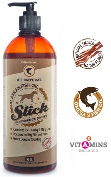 Slick - Bacon Flavored Premium Alaskan Fish Oil for Dogs Large 32 Ounces - High in Pure Omega-3 Omega-6 Omega-9 Vitamins A E Zinc and Biotin - Healthy Skin Coat and Joint Formula