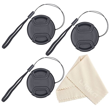 Lens Cap Bundle, 3 Pcs Center Pinch Lens Cap and Cap Keeper Leash for Canon, Nikon, Sony and other DSLR Camera   Premium Microfiber Lens Cleaning Cloth (58mm)