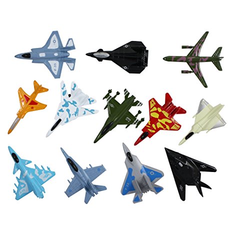 Airplane Toys Set of 12 Die Cast Metal Military Themed Assorted Fighter Jets For Kids, Boys or Girls - Great Gift, Party Favors or Cake Toppers