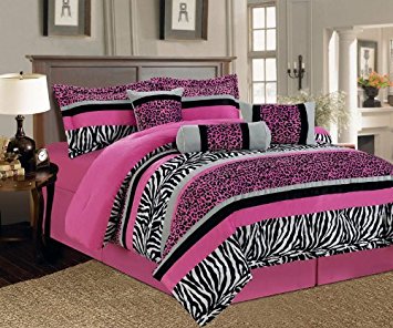 7 Pieces Hot Pink, Black and White Leopard Zebra Comforter (86"x86") Bed-in-a-bag Set Full (Double) Size Bedding