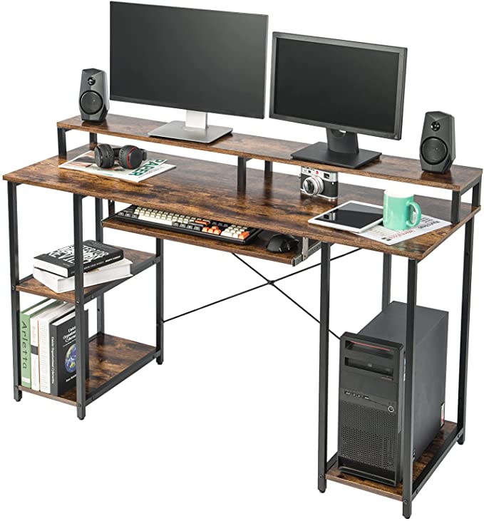 TOPSKY Computer Desk with Storage Shelves/24.5” Keyboard Tray/Monitor Stand Study Table for Home Office(54inch, Rustic Brown)