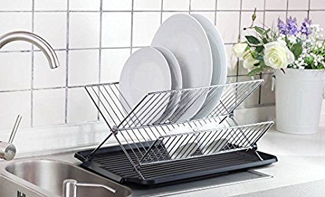 Deluxe Chrome-plated Steel Foldable X Shape 2-tier Shelf Small Dish Drainers with Drainboard (BlackII)