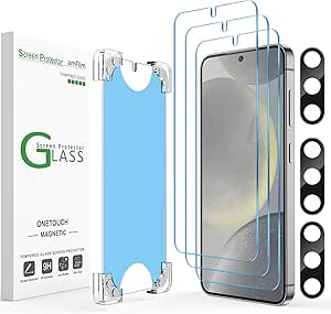 amFilm [3 3Pack Auto-Alignment Magnetic OneTouch for Samsung Galaxy S24 5G 6.2" Tempered Glass Screen Protector 3 Camera Lens Protector,30 Seconds Installation, 9H Hardness, Case Friendly Bubble Free