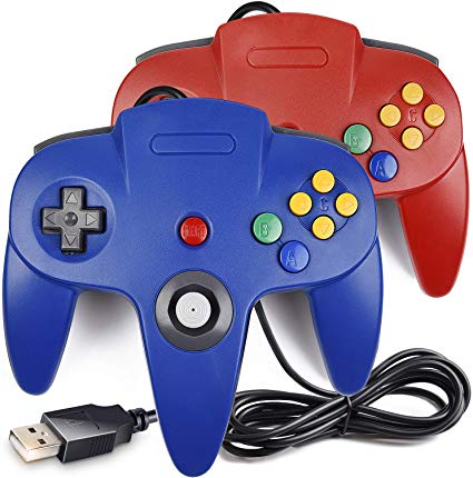 [USB Version] 2 Pack Classic N64 Controller, iNNEXT N64 Wired USB PC Game pad Joystick, N64 Bit USB Wired Game Stick for Windows PC MAC Linux Raspberry Pi 3 Genesis Higan (Red/Blue)