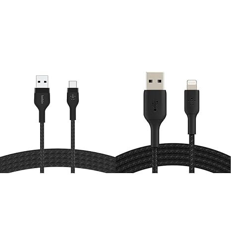 Belkin BoostCharge Pro Flex Braided USB Type C to A Cable (2M/6.6FT), USB USB-IF Certified & BoostCharge Braided Lightning Cable - 6.6ft/2M - MFi Certified Apple iPhone Charger