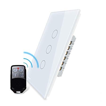 LIVOLO White Wireless Remote Light Switch with LED Indicator with Tempered Glass Panel Wall Light Touch Switch Vertical 3 Gang 2 Way, (Include a Mini Remote without Battery 27A/12V),VL-C503SR-11